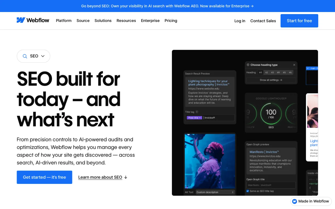 Webflow SEO: Webflow feature page presenting the SEO settings built into the website builder