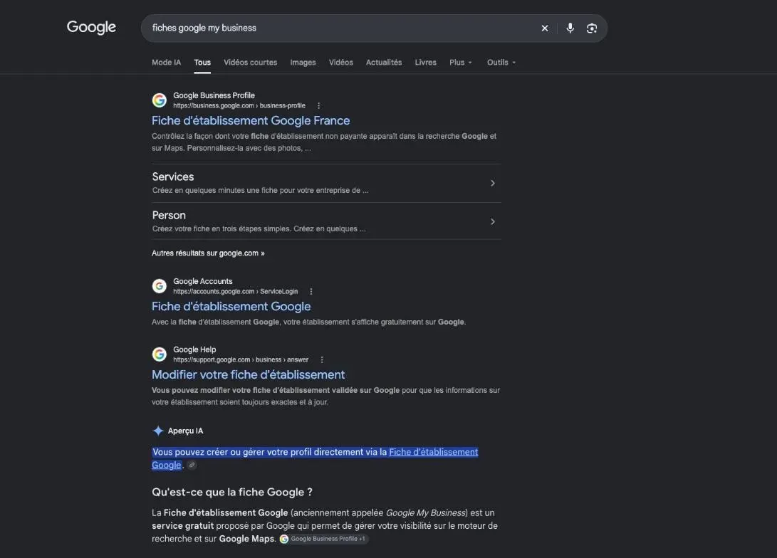 Résultats de Google pour la recherche « fiches google my business »