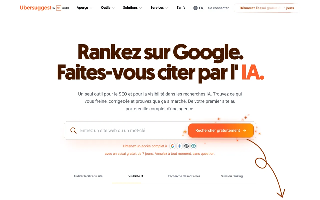 Page d’accueil française d’Ubersuggest, outil de recherche de mots-clés de NP Digital