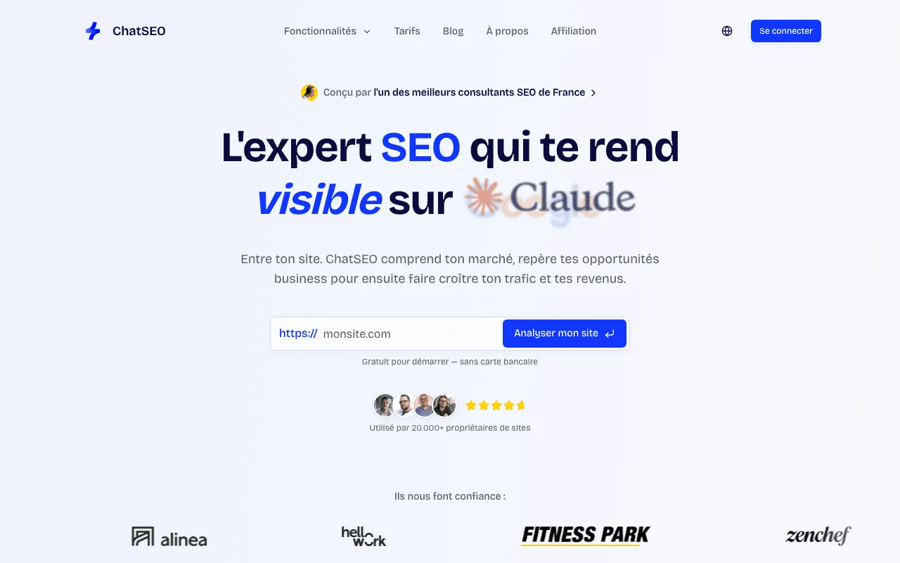 Before picking a ChatSEO alternative: the ChatSEO home page presenting its conversational assistant for SEO