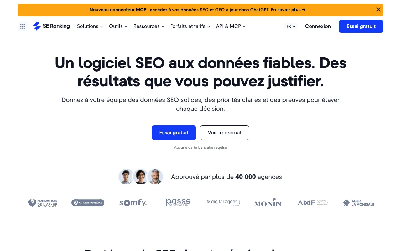 SE Ranking vs SemChat : la page d’accueil française de SE Ranking, logiciel SEO annoncé pour les agences