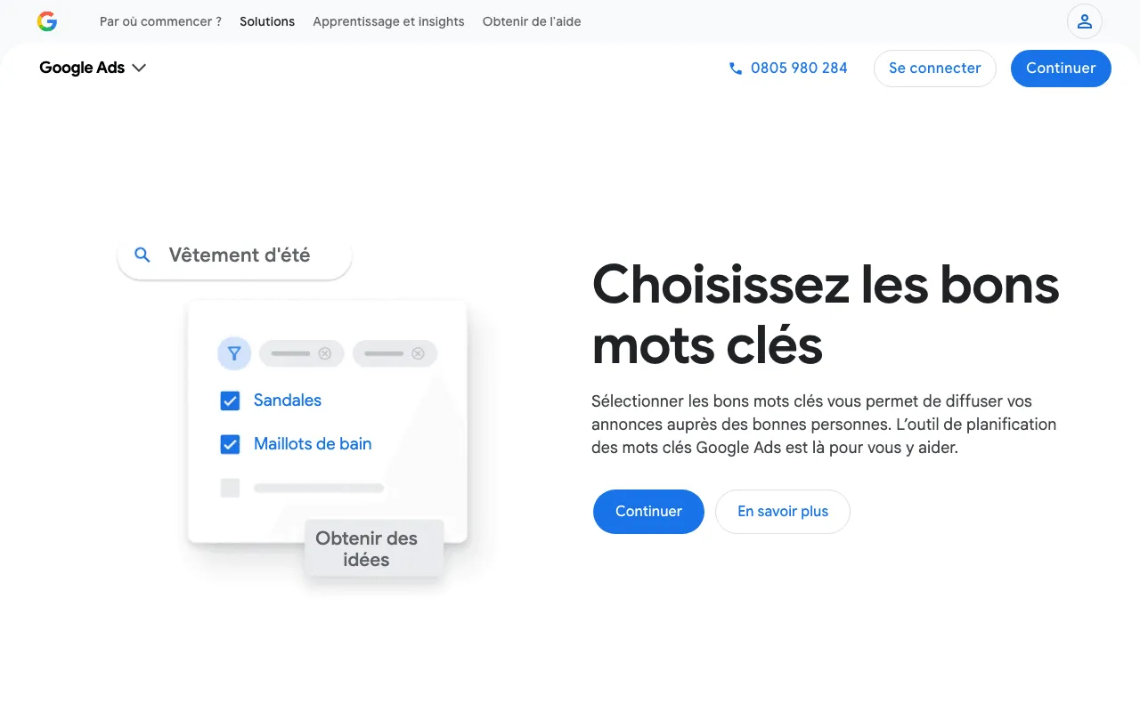 Page de présentation du planificateur de mots-clés, outil de Google Ads