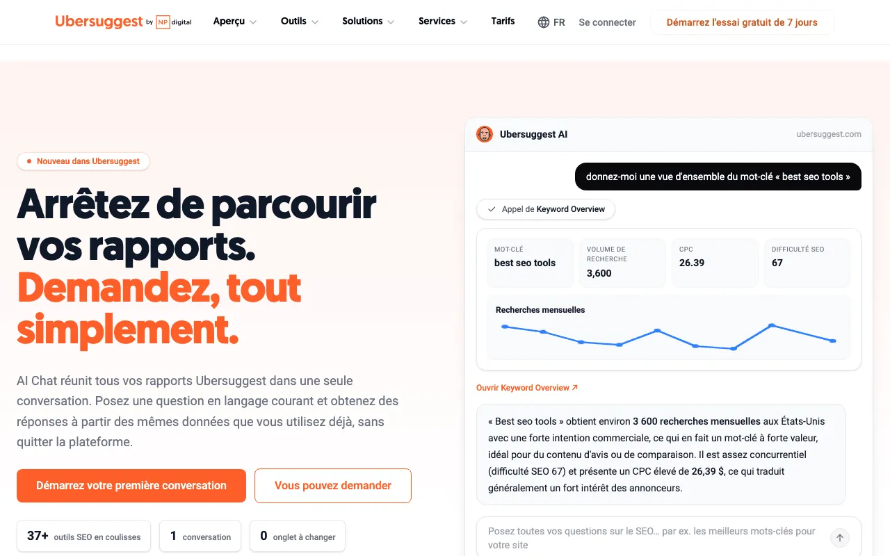 Page de présentation de l’AI Chat d’Ubersuggest, l’assistant réservé aux formules payantes