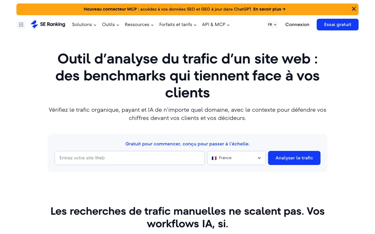 Page publique de SE Ranking qui propose une analyse gratuite du trafic d'un site web
