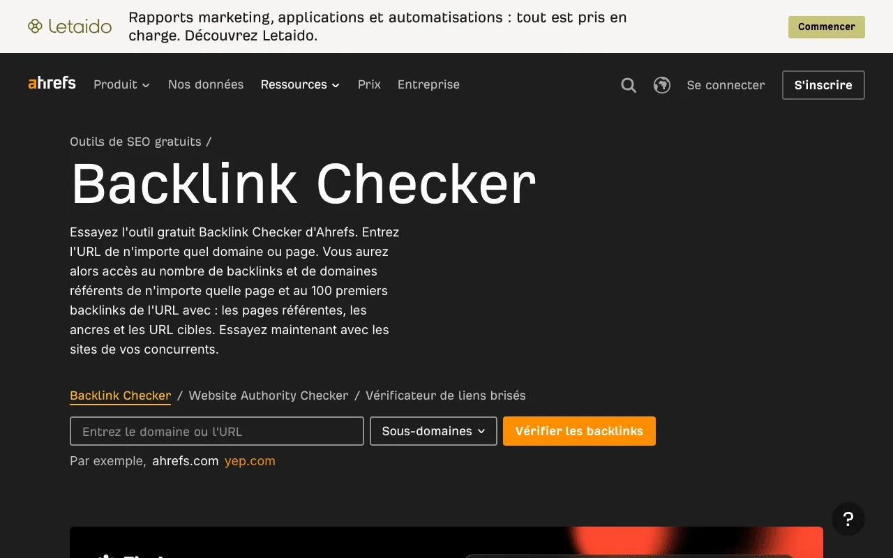 Page du vérificateur de backlinks gratuit d'Ahrefs, avec son champ pour saisir un domaine