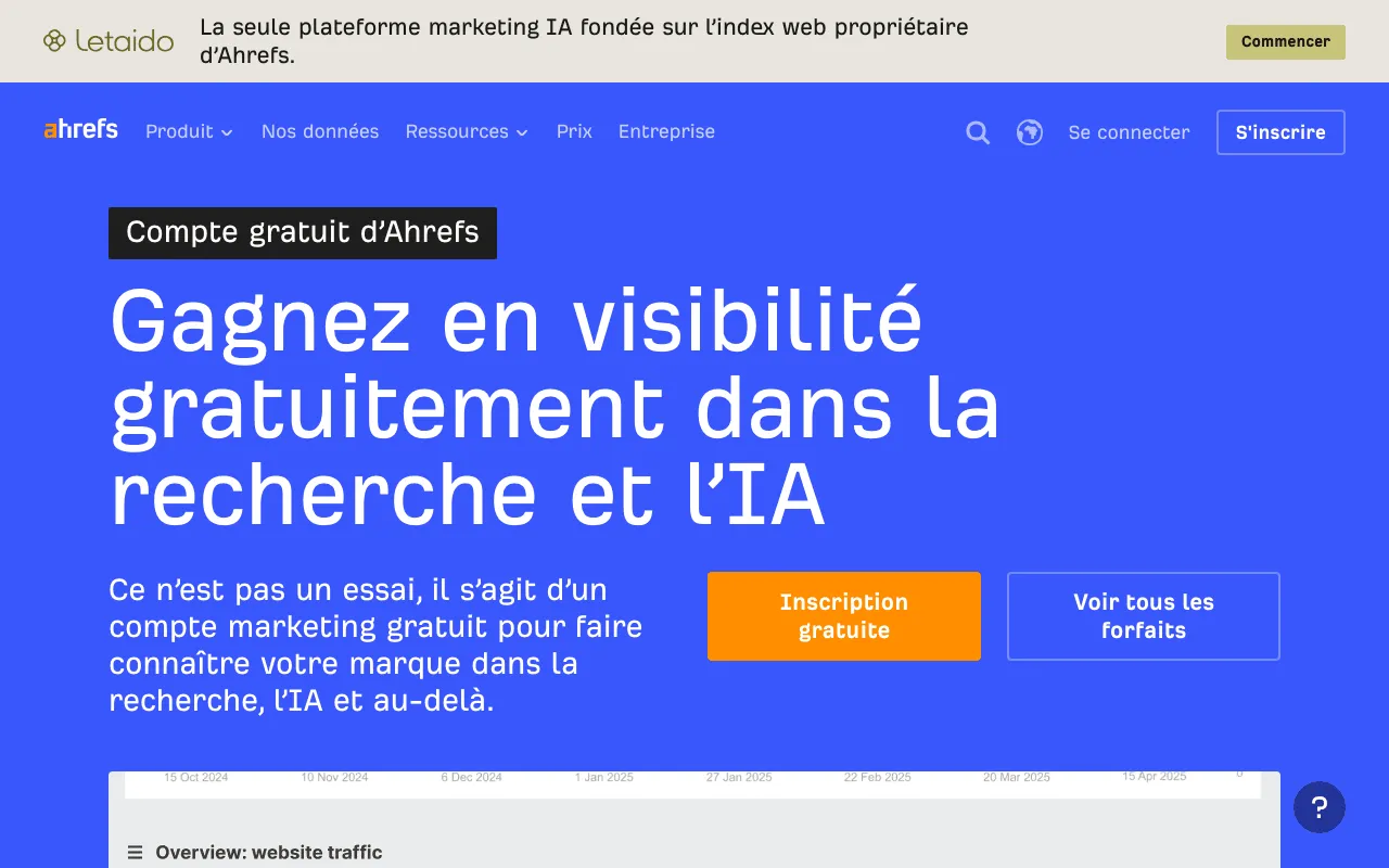 Page du compte gratuit Ahrefs Free, limité aux sites dont tu prouves la propriété