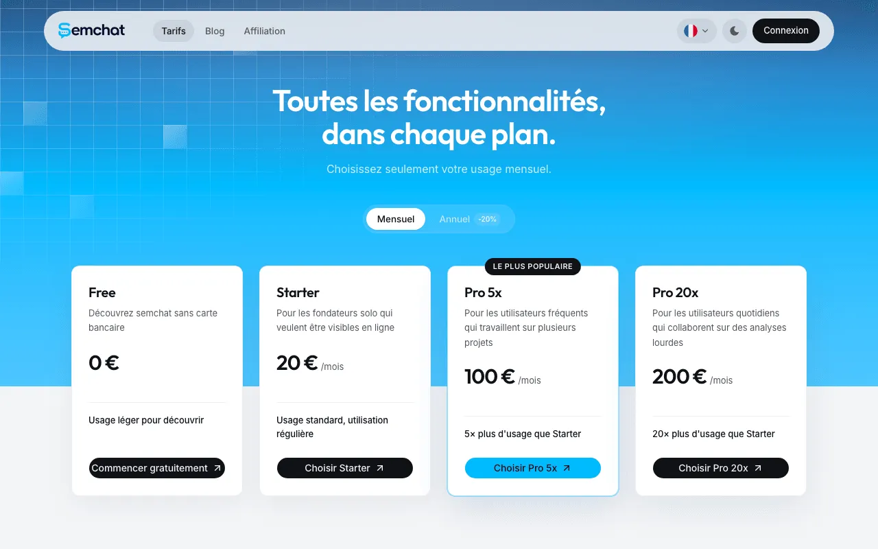 Page des prix de SemChat qui sert de base au calcul des prix remisés