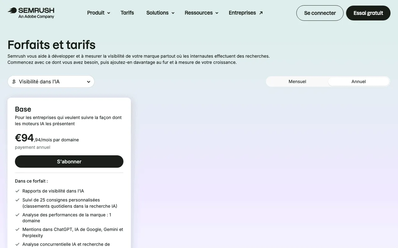 Page des tarifs de la boîte à outils Visibilité dans l’IA, vendue en plus chez Semrush