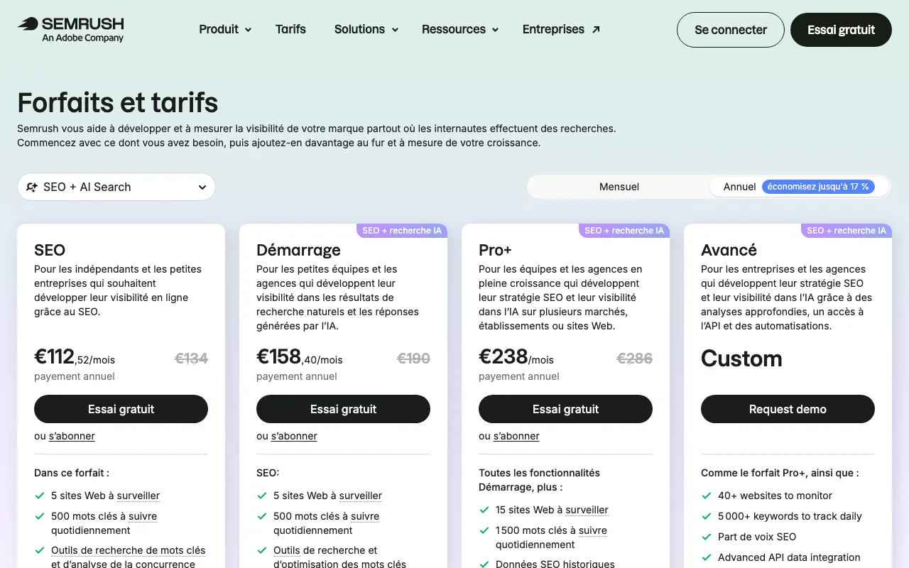 Semrush prix : la page officielle des tarifs de Semrush avec les forfaits SEO, Starter, Pro+ et Advanced