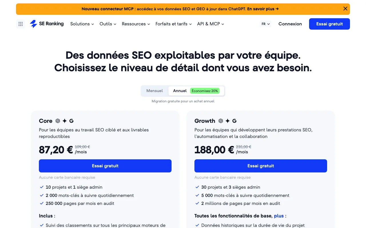 SE Ranking prix : la page officielle des tarifs de SE Ranking avec ses forfaits Core, Growth et Enterprise