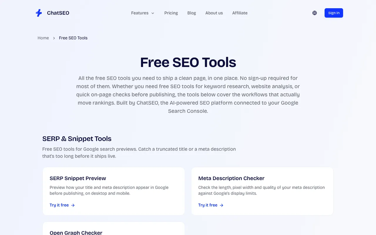 ChatSEO page gathering its free SEO tools for checking a single page