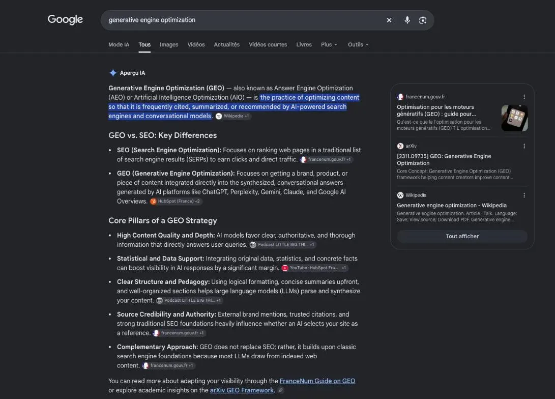 Résultats de Google pour la recherche « generative engine optimization »