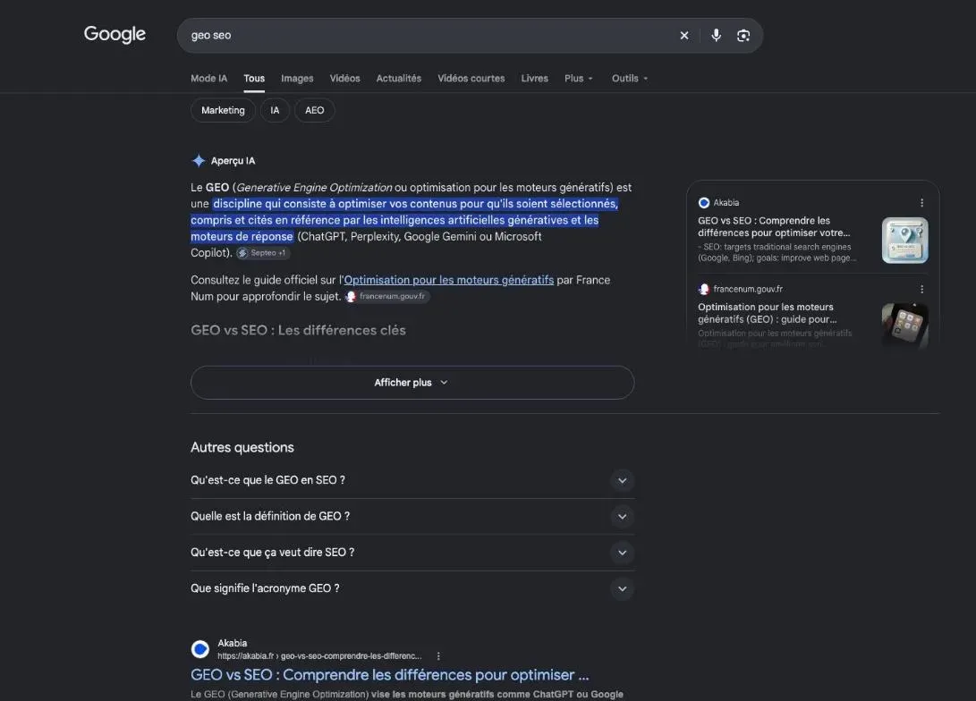 Résultats de Google pour la recherche « geo seo »