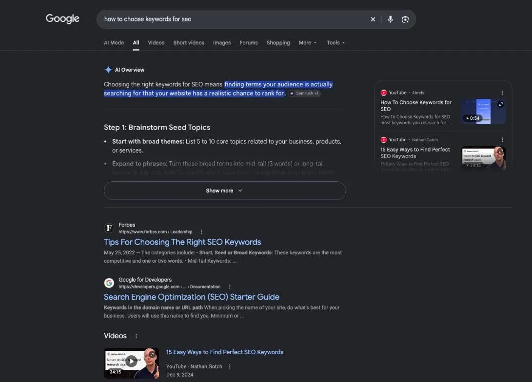 Google results for the search "how to choose keywords for seo"