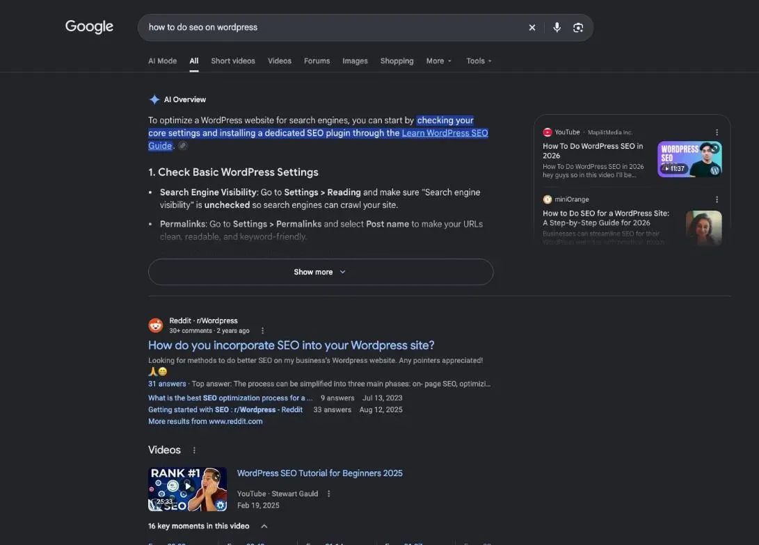 Google results for the search "how to do seo on wordpress"