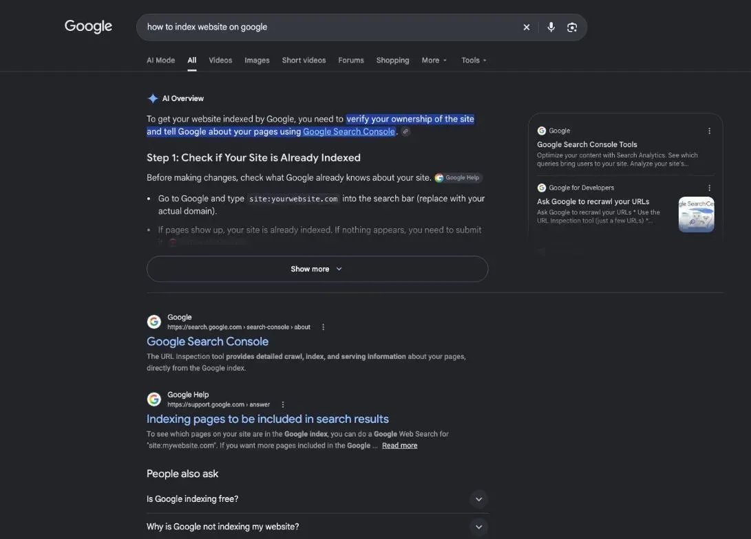 Google results for the search "how to index website on google"
