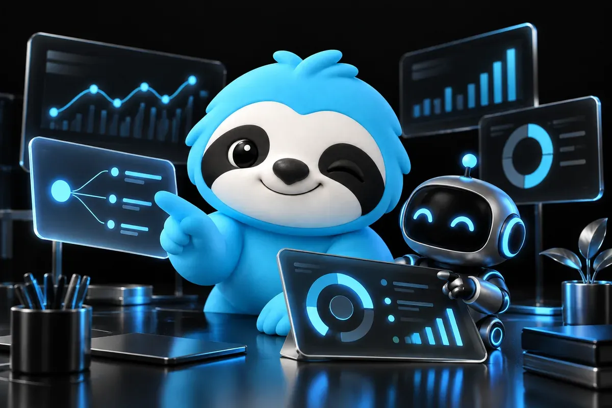 Relaxed sloth chatting with a small robot assistant in a bright office