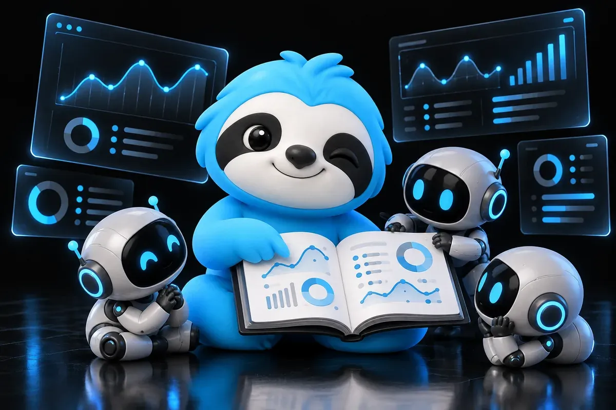 Relaxed sloth handing an open book to several small curious robots reading it