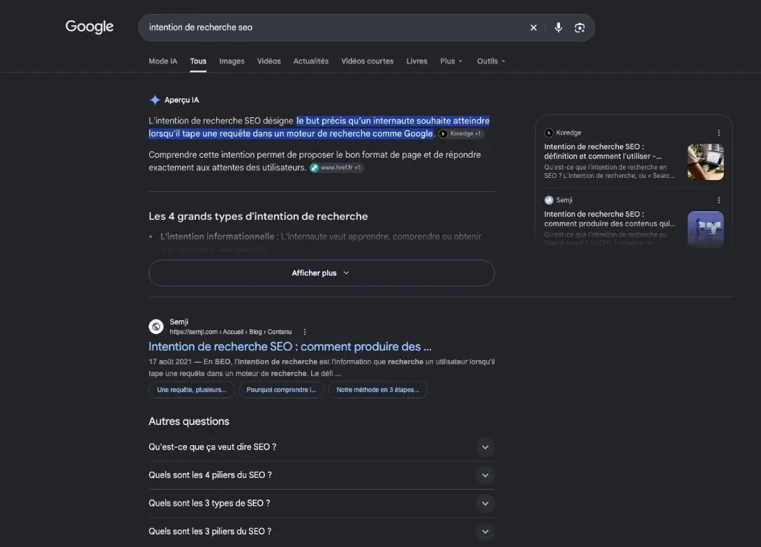 Résultats de Google pour la recherche « intention de recherche seo »