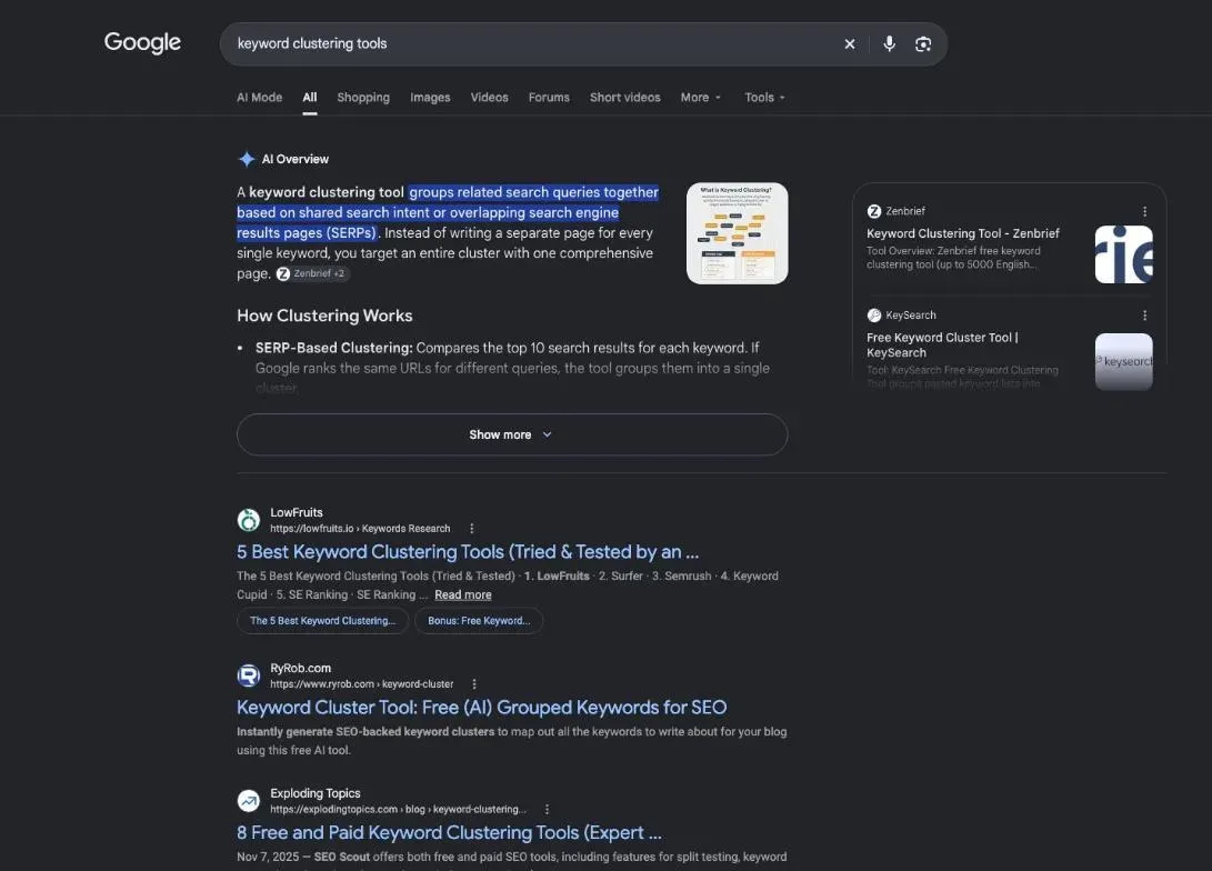 Google results for the search "keyword clustering tools"