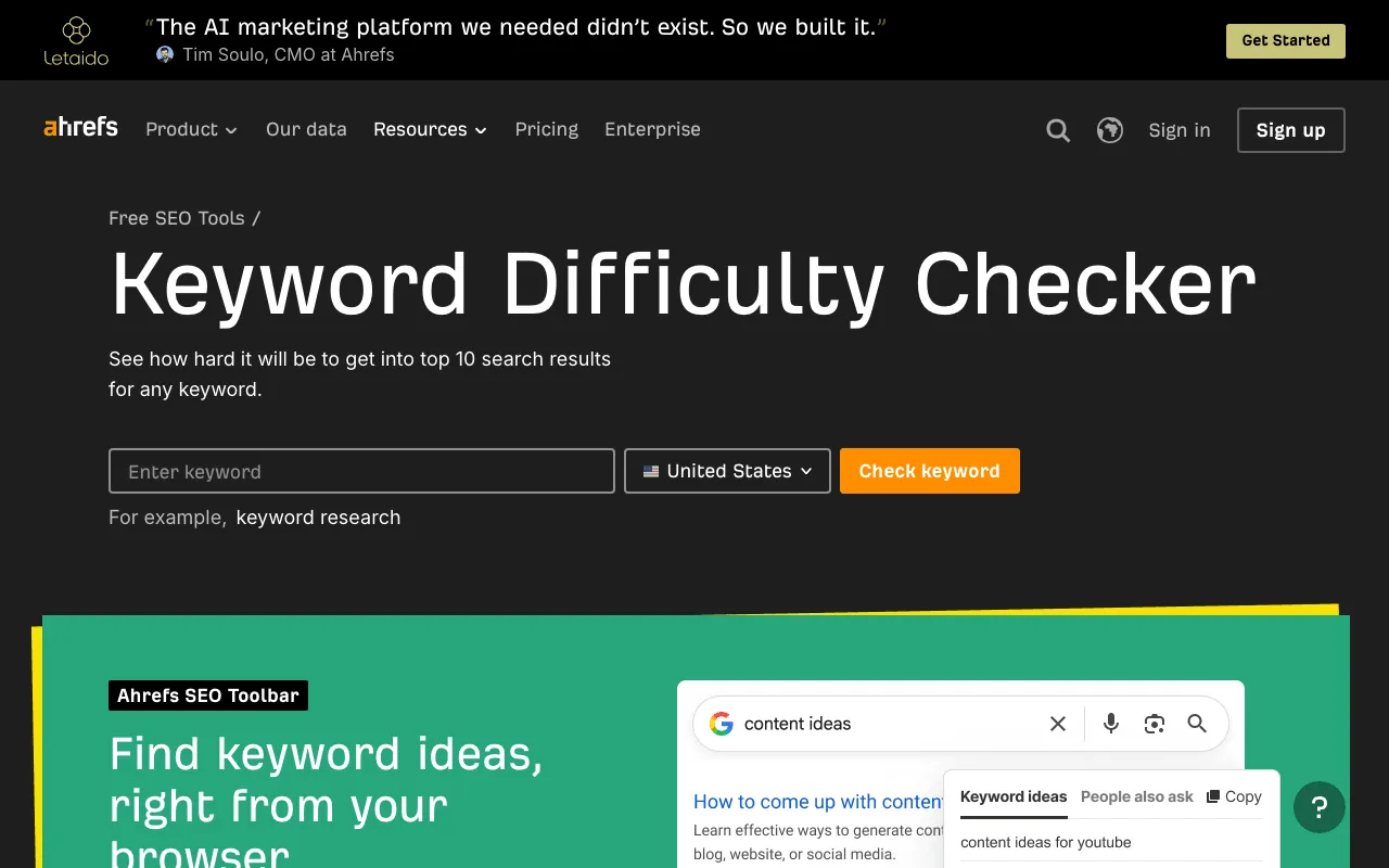 Ahrefs free Keyword Difficulty Checker page with a box to enter a keyword