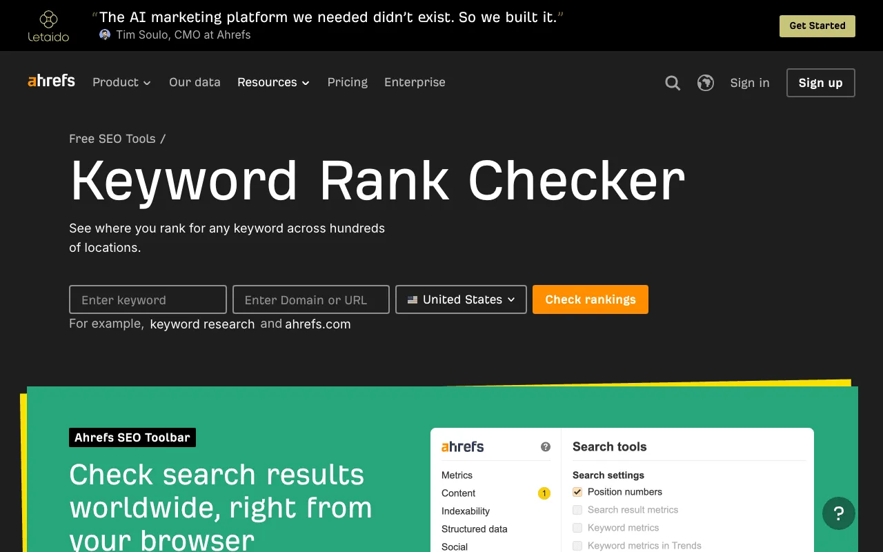 Ahrefs Keyword Rank Checker page, a free tool to see what a site ranks for