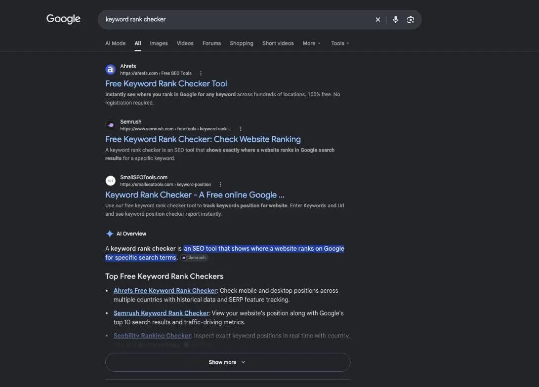 First page of Google results for keyword rank checker, mostly free online tools