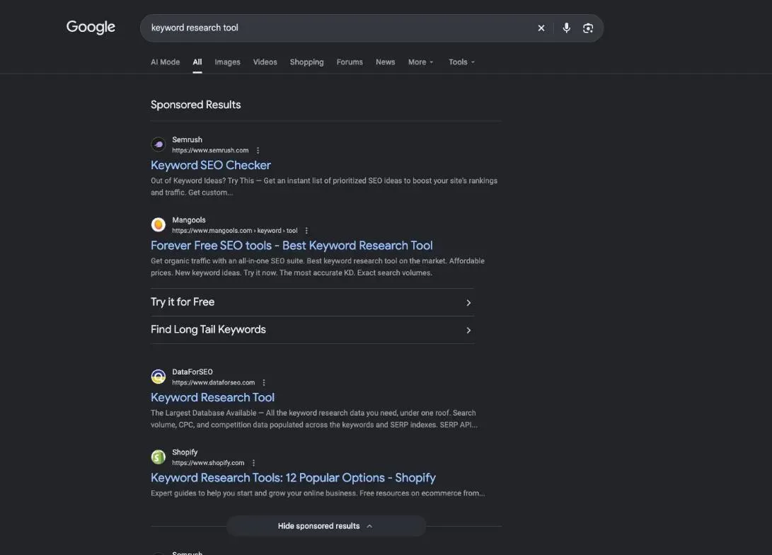 Google results for the search "keyword research tool"