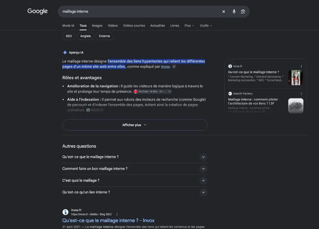 Résultats de Google pour la recherche « maillage interne »