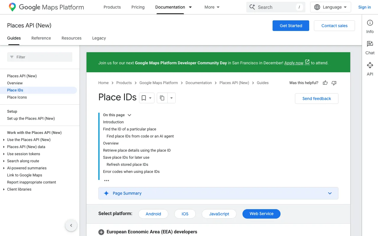 Google Maps Platform page on place IDs, with its place ID finder search box