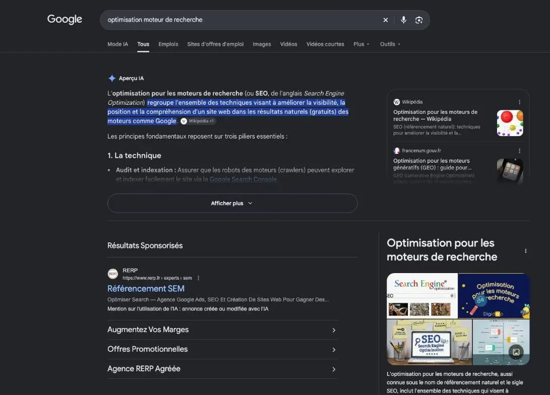 Résultats de Google pour la recherche « optimisation moteur de recherche »