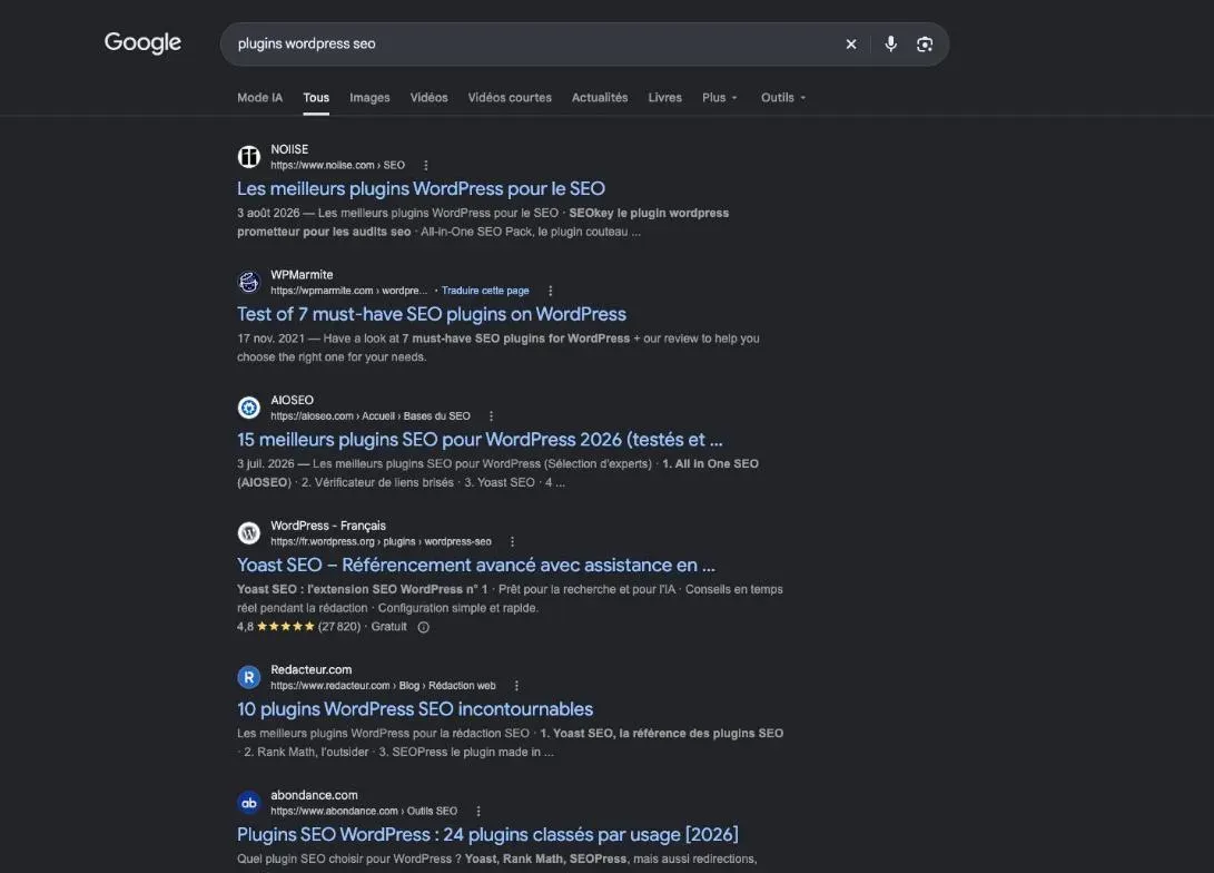 Résultats de Google pour la recherche « plugins wordpress seo »