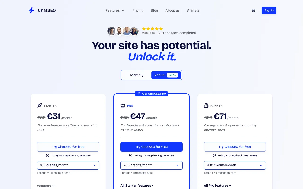 ChatSEO pricing page with its Starter, Pro and Ranker plans