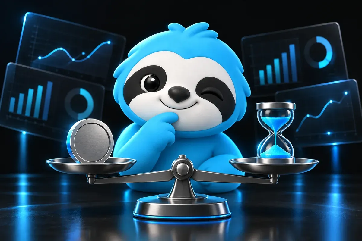 Sloth weighing a coin and an hourglass on an old-fashioned balance scale