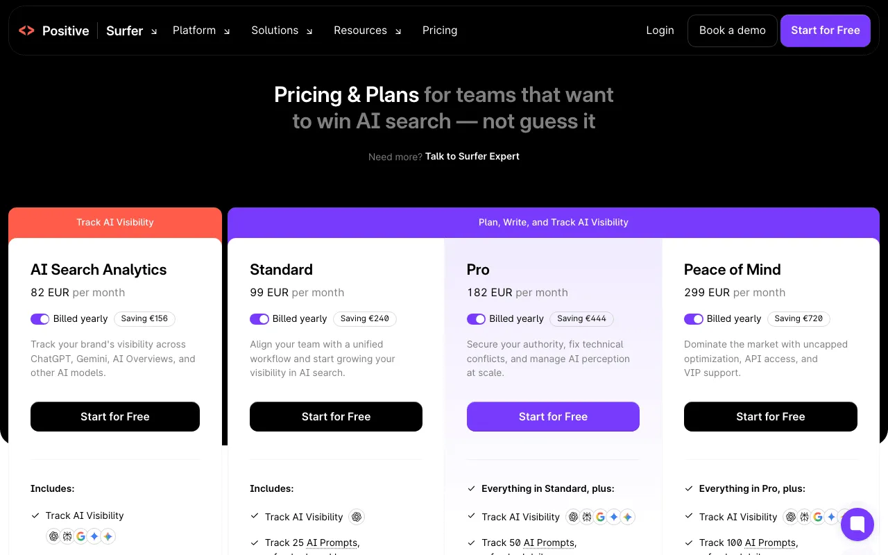 Surfer pricing page with its paid plans and no free plan