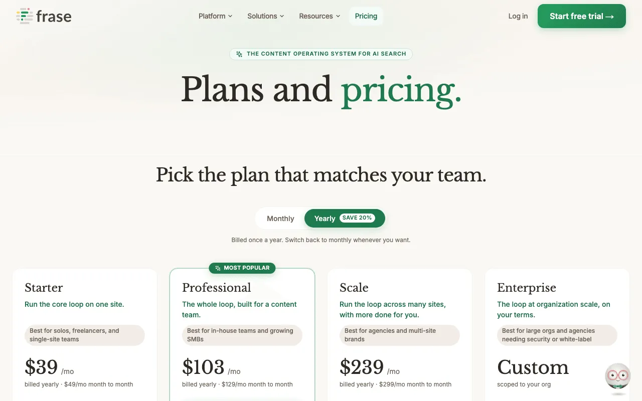 Page des tarifs de Frase, outil de rédaction SEO piloté par un agent