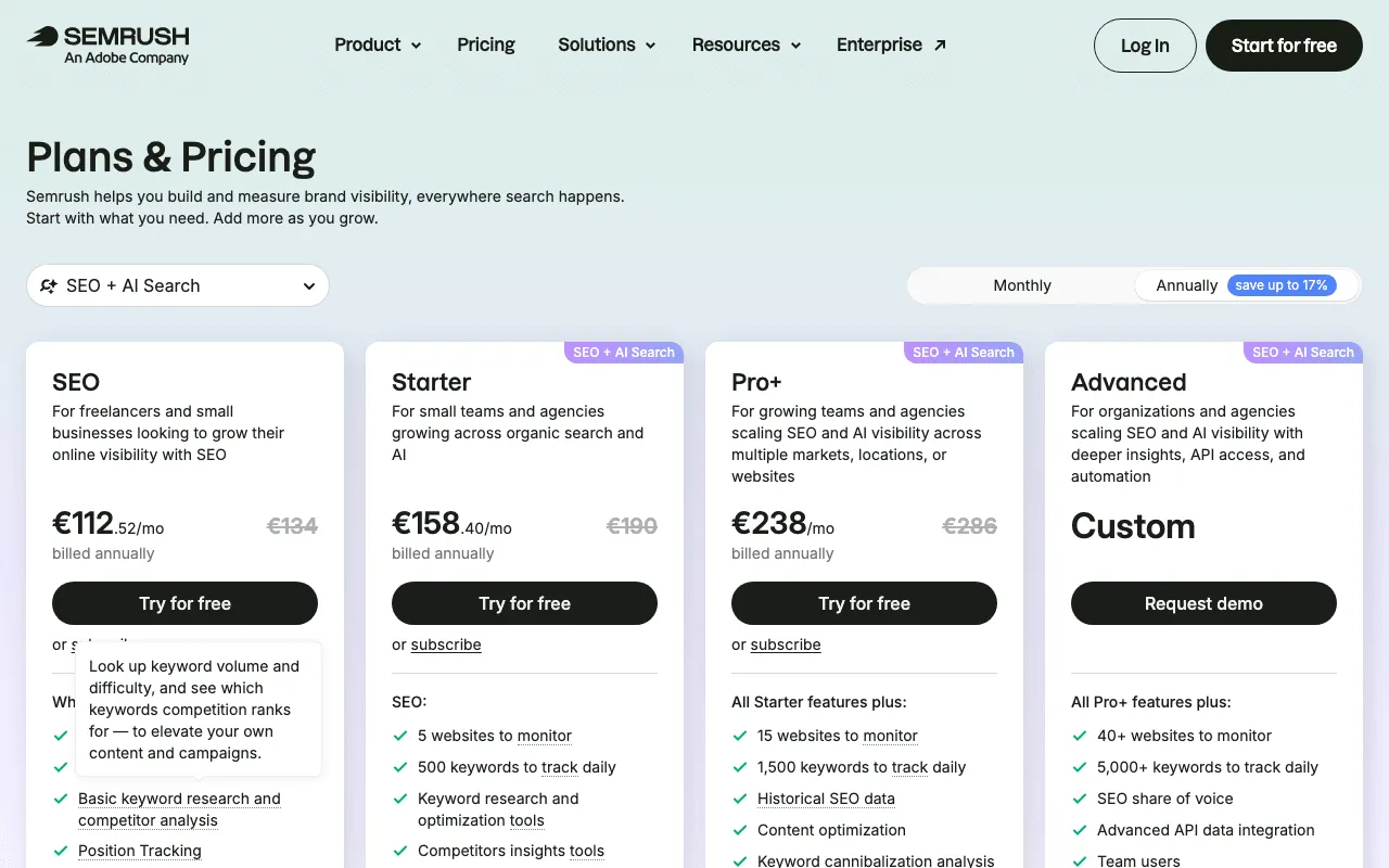 Semrush pricing page with its SEO and AI search plans