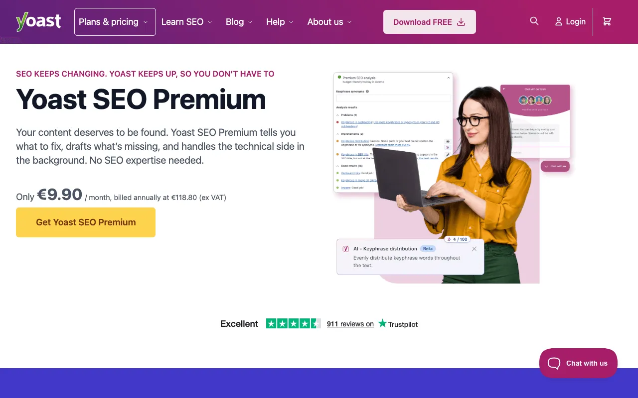 Public page of Yoast SEO Premium on the Yoast website, a WordPress plugin