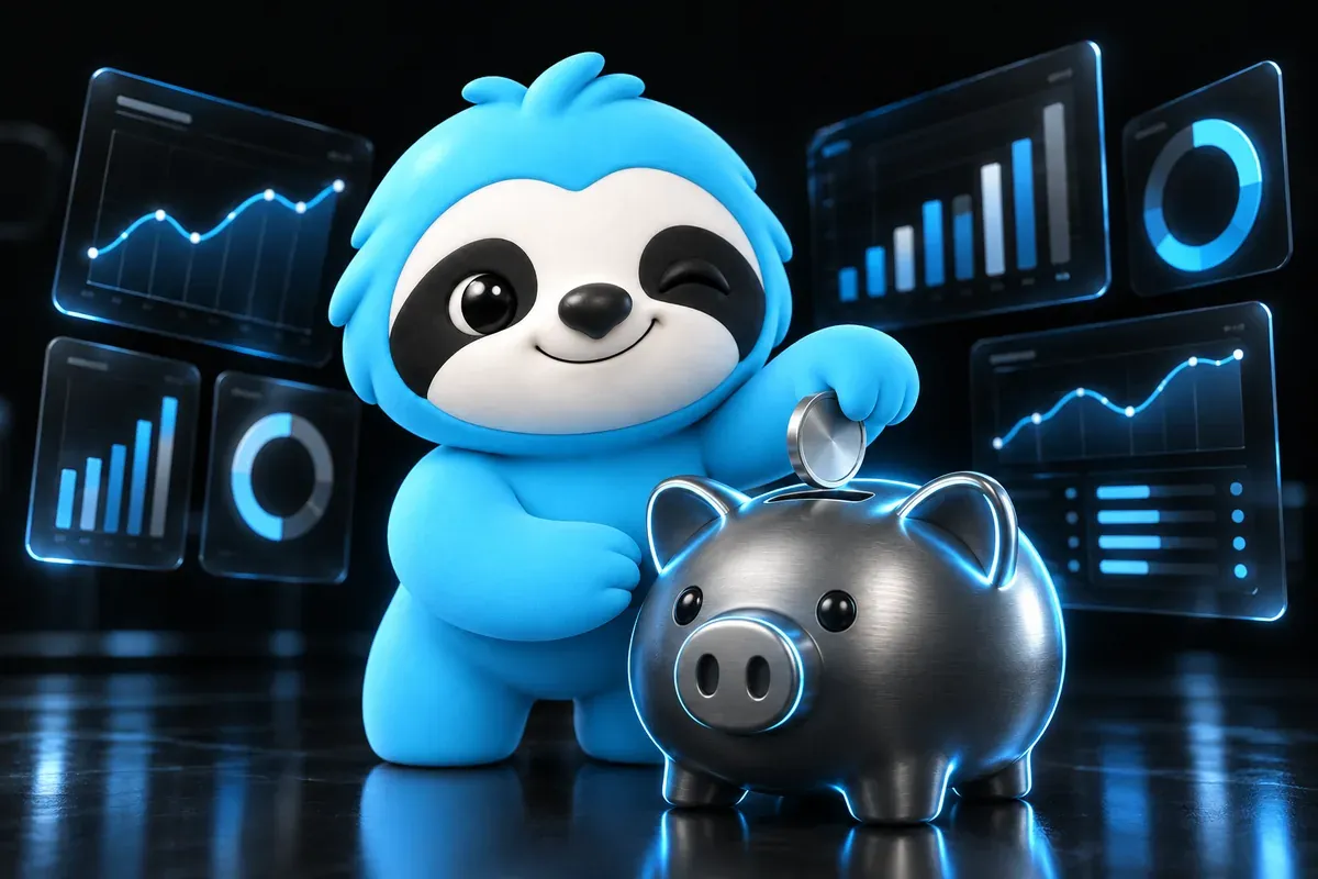 Smiling sloth slipping a coin into a pig-shaped piggy bank