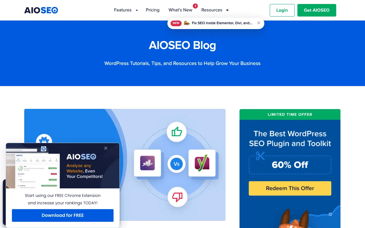 Page de comparaison Rank Math contre Yoast publiée par l'éditeur de l'extension AIOSEO