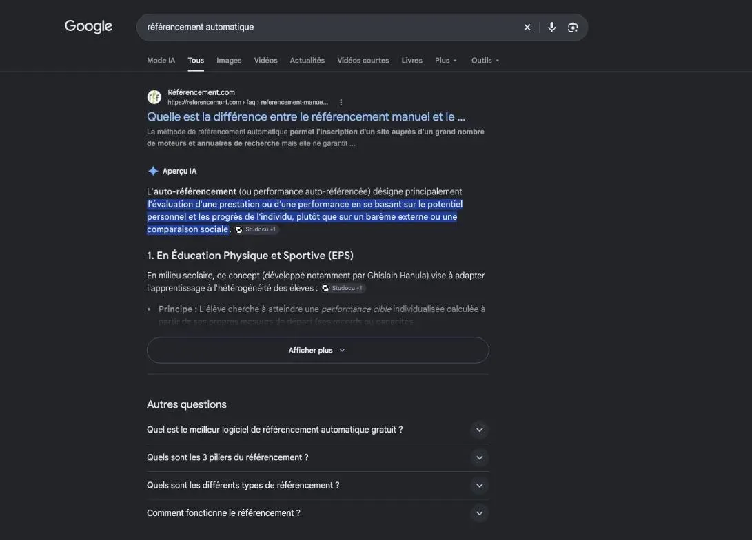 Résultats de Google pour la recherche « référencement automatique »