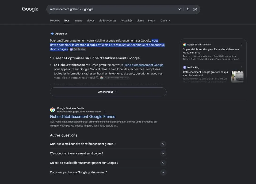 Résultats de Google pour la recherche « référencement gratuit sur google »