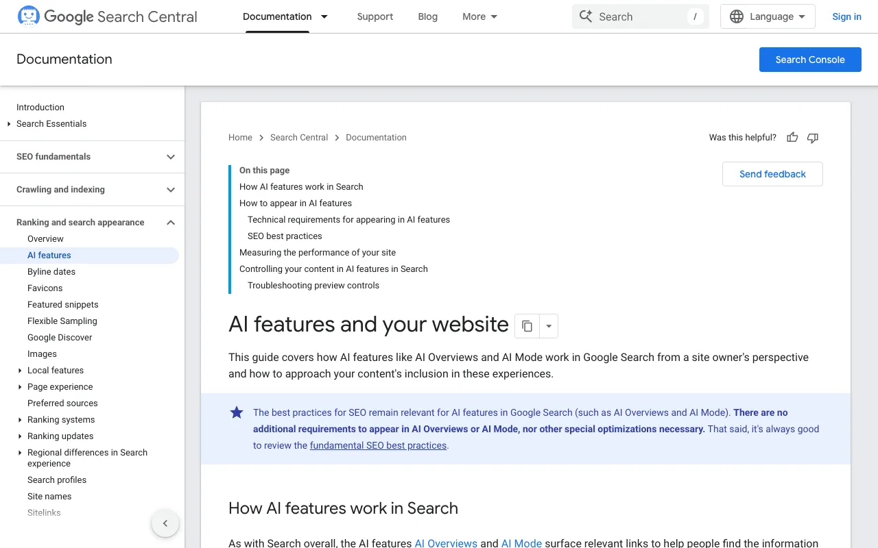 Google Search Central page on AI features and how websites appear in them
