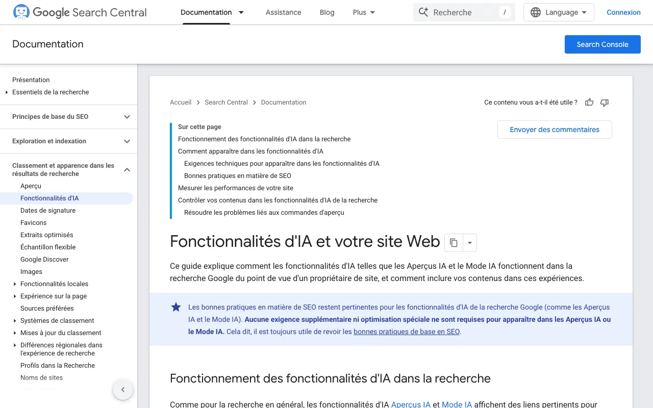 Page de Google Search Central sur les fonctionnalités d’IA de la recherche et les sites web