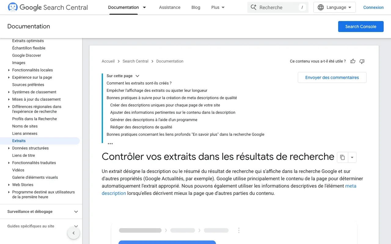 Page de Google Search Central qui explique comment Google crée les extraits des résultats