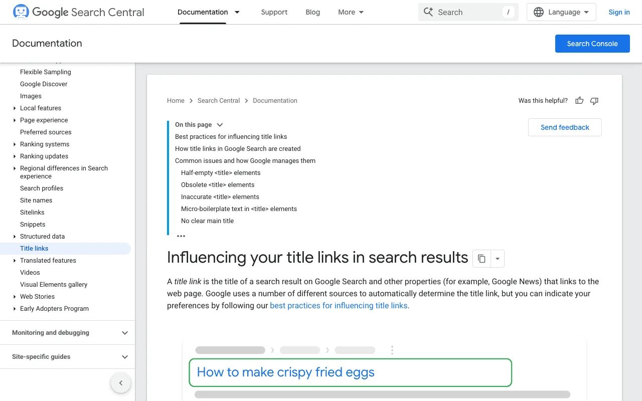 Google Search Central page explaining how title links are chosen for search results