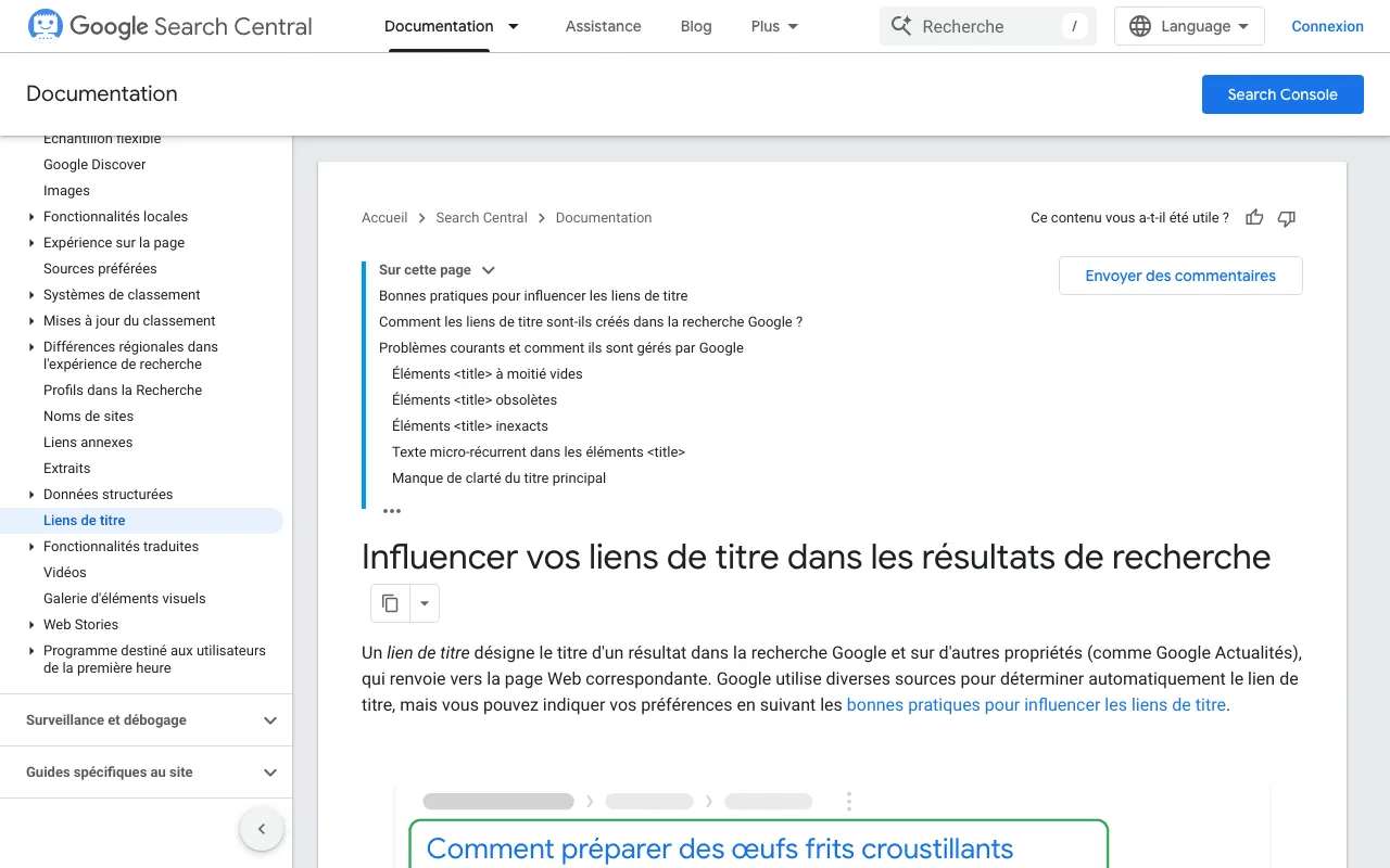 Page de Google Search Central qui explique comment Google choisit le lien de titre