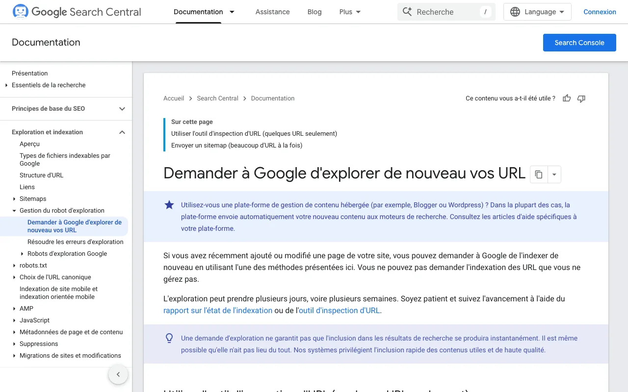 Documentation de Google Search Central sur la demande d'une nouvelle exploration de son site