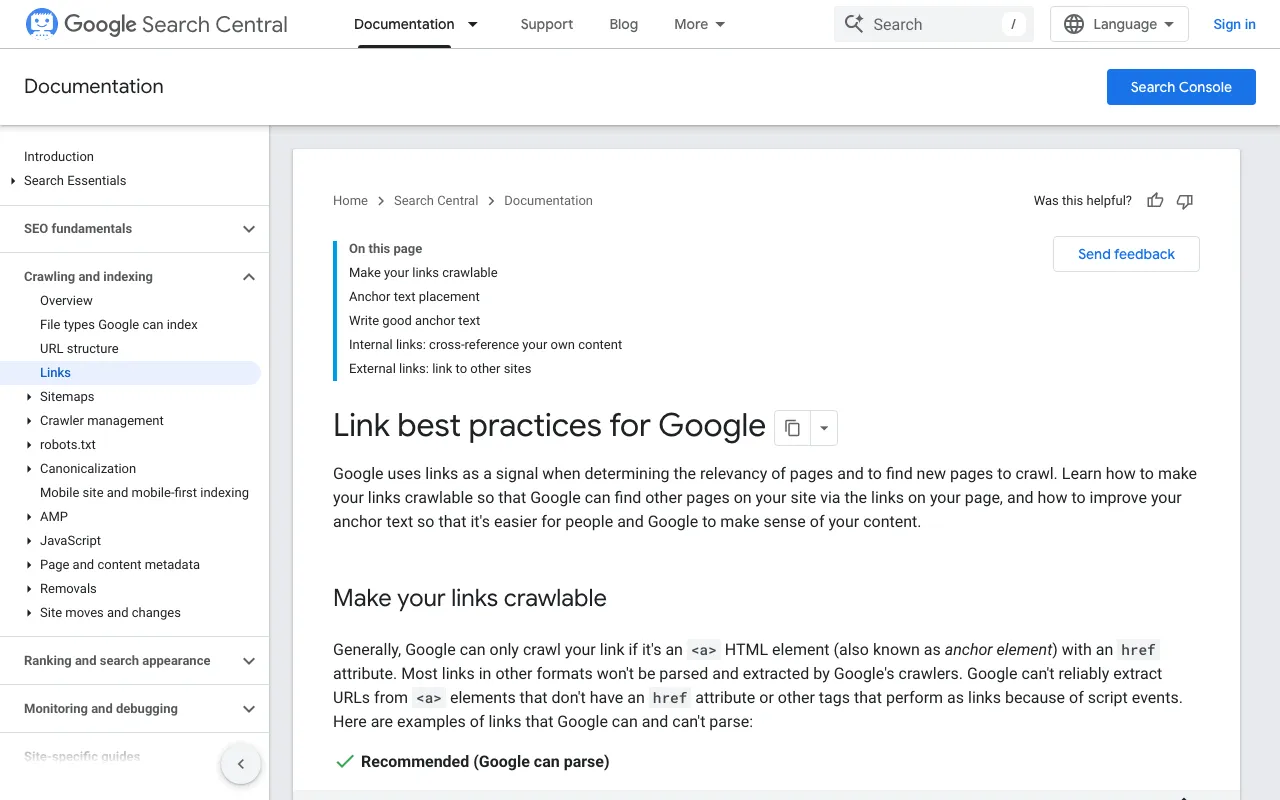 Google Search Central page on crawlable links with good and bad anchor text examples