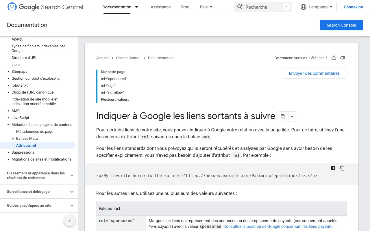 Page de Google Search Central qui explique comment qualifier les liens sortants payants